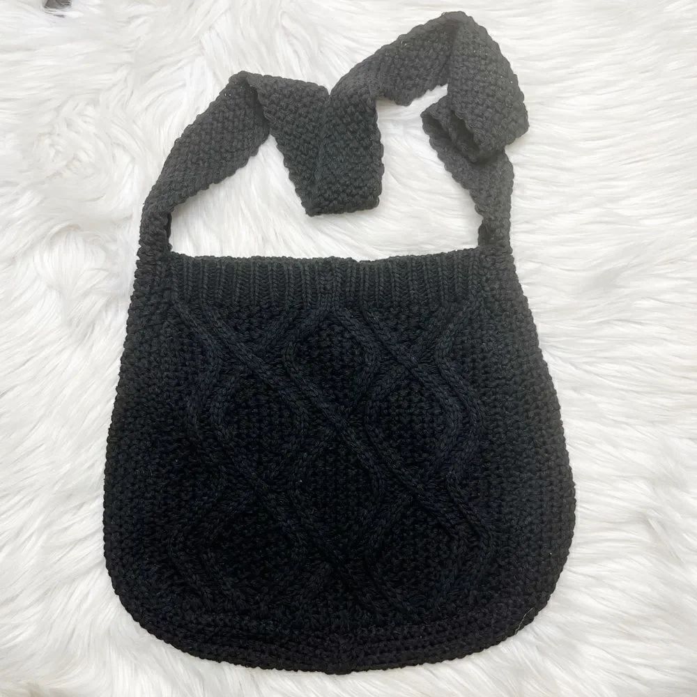 Crochet Knit Hobo Shoulder Bag Black